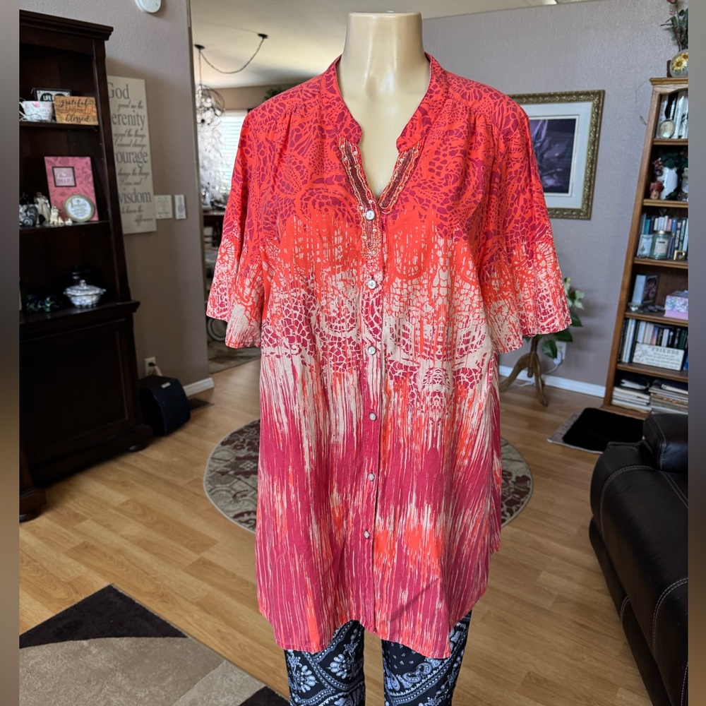 Catherines orange, red & tan short sleeve button up shirt-size 1X